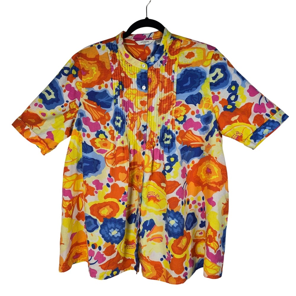 Liz Claiborne New York Womens XL Linen Floral Pintuck Blouse Mandarin Collar Top